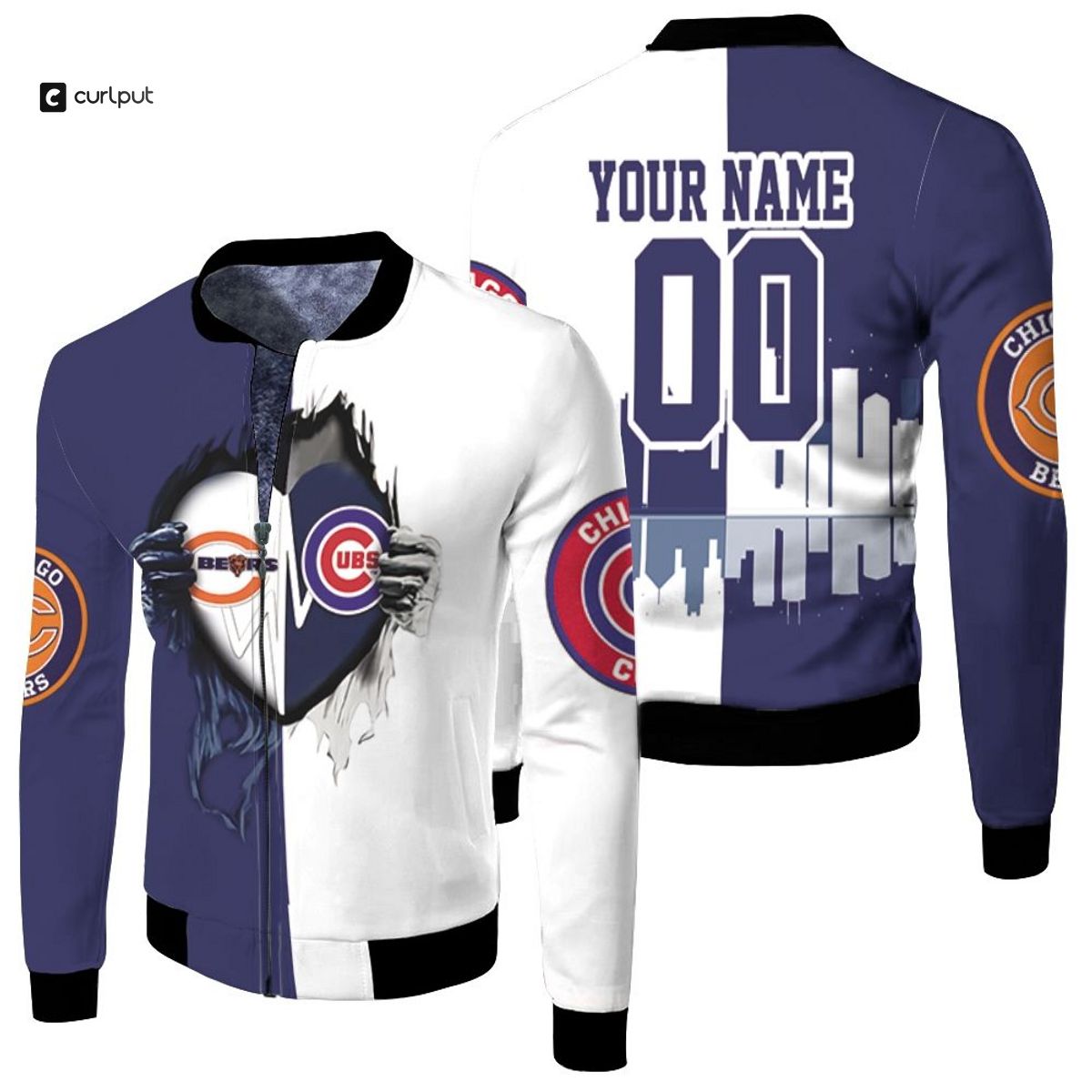MLB Chicago Cubs Custom Name Number Heartbeat Love Ripped Bomber Jacket MLB Chicago Cubs Custom Name Number Heartbeat Love Ripped Bomber Jacket