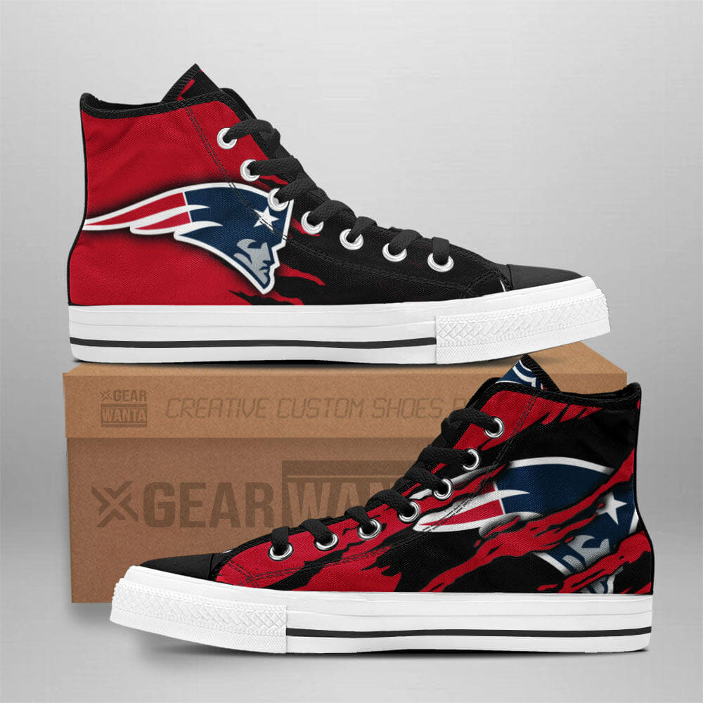 NFL New England Patriots Red Black Scratch High Top Shoes NFL New England Patriots Red Black Scratch High Top Shoes