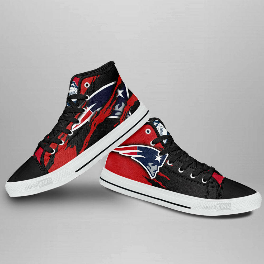 NFL New England Patriots Red Black Scratch High Top Shoes NFL New England Patriots Red Black Scratch High Top Shoes