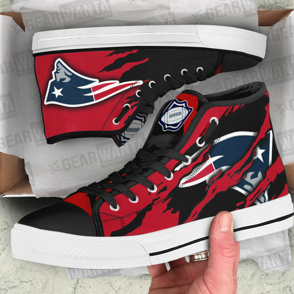 NFL New England Patriots Red Black Scratch High Top Shoes NFL New England Patriots Red Black Scratch High Top Shoes