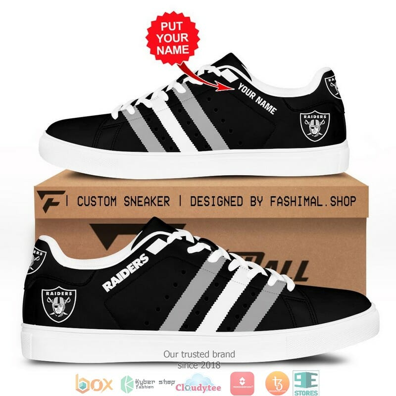 NFL Las Vegas Raiders Custom Name Black Silver Stan Smith Shoes NFL Las Vegas Raiders Custom Name Black Silver Stan Smith Shoes