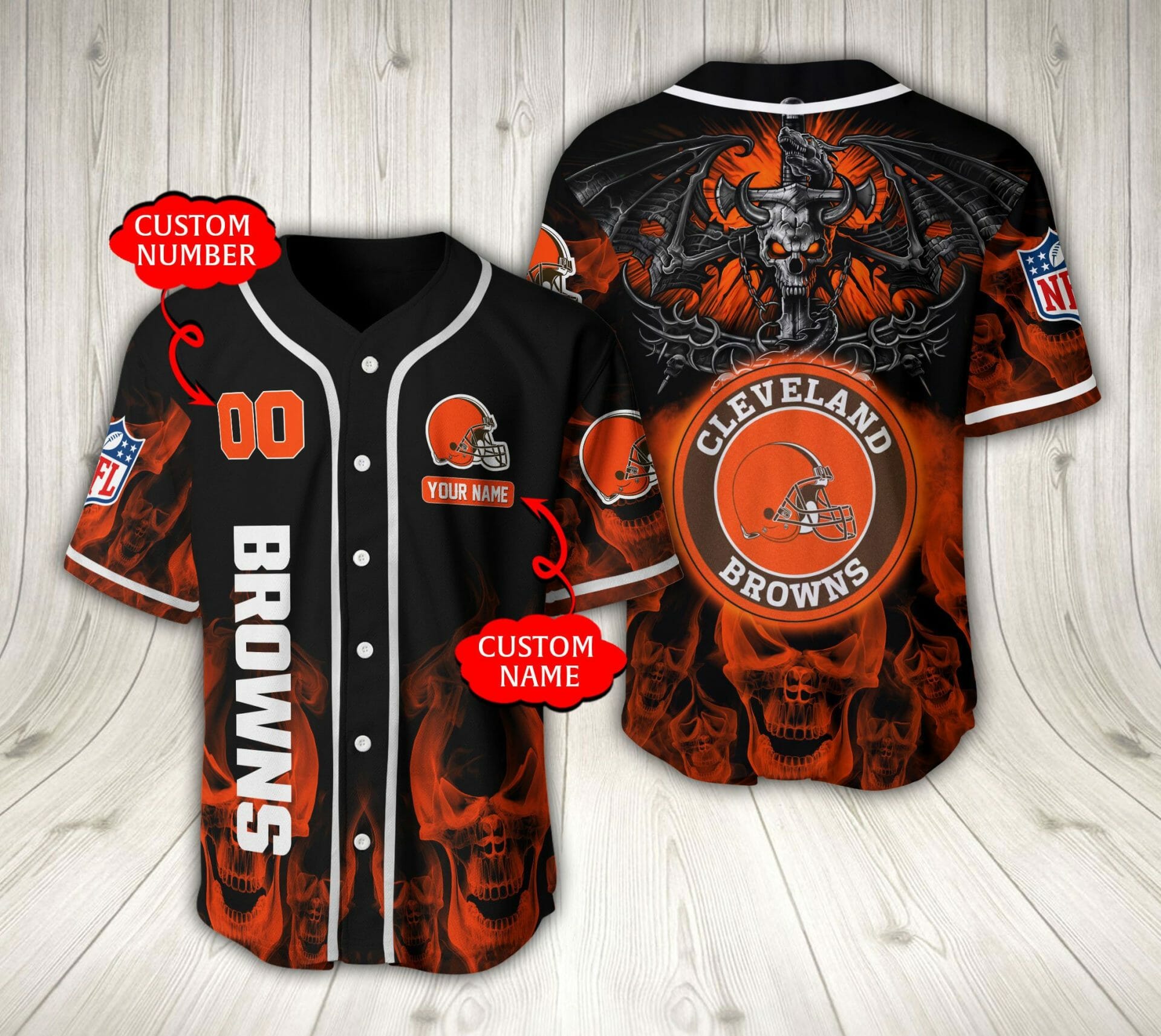 NFL Cleveland Browns Custom Name Number Skull Baseball Jersey V2 NFL Cleveland Browns Custom Name Number Skull Baseball Jersey V2