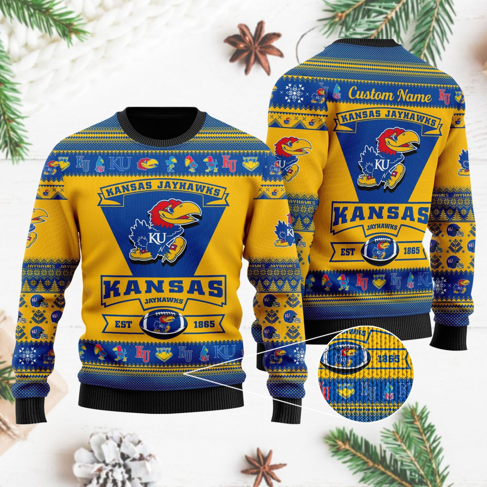 NCAA Kansas Jayhawks Custom Name Yellow Blue Ugly Christmas Sweater