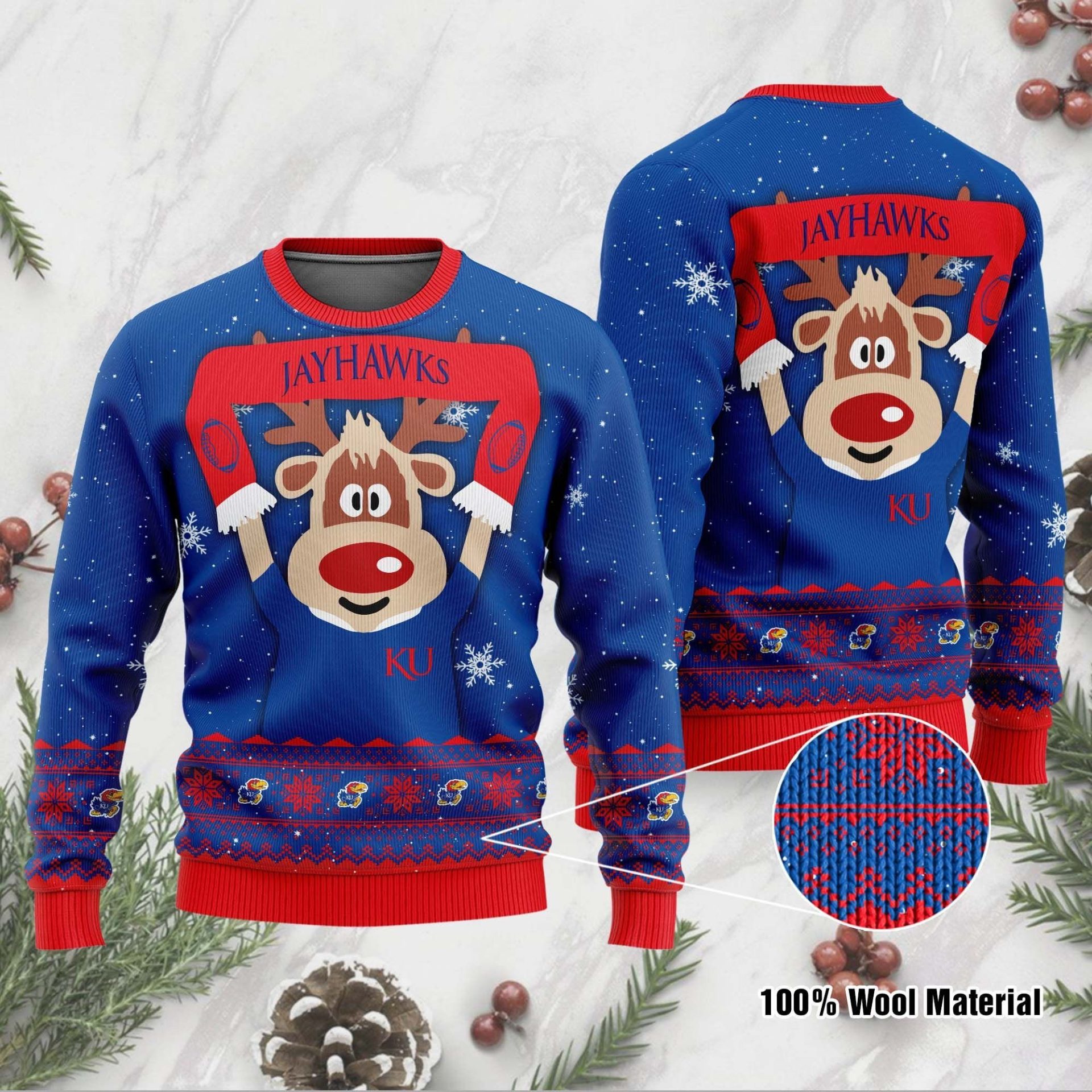 NCAA Kansas Jayhawks Blue Red Ugly Christmas Sweater V2