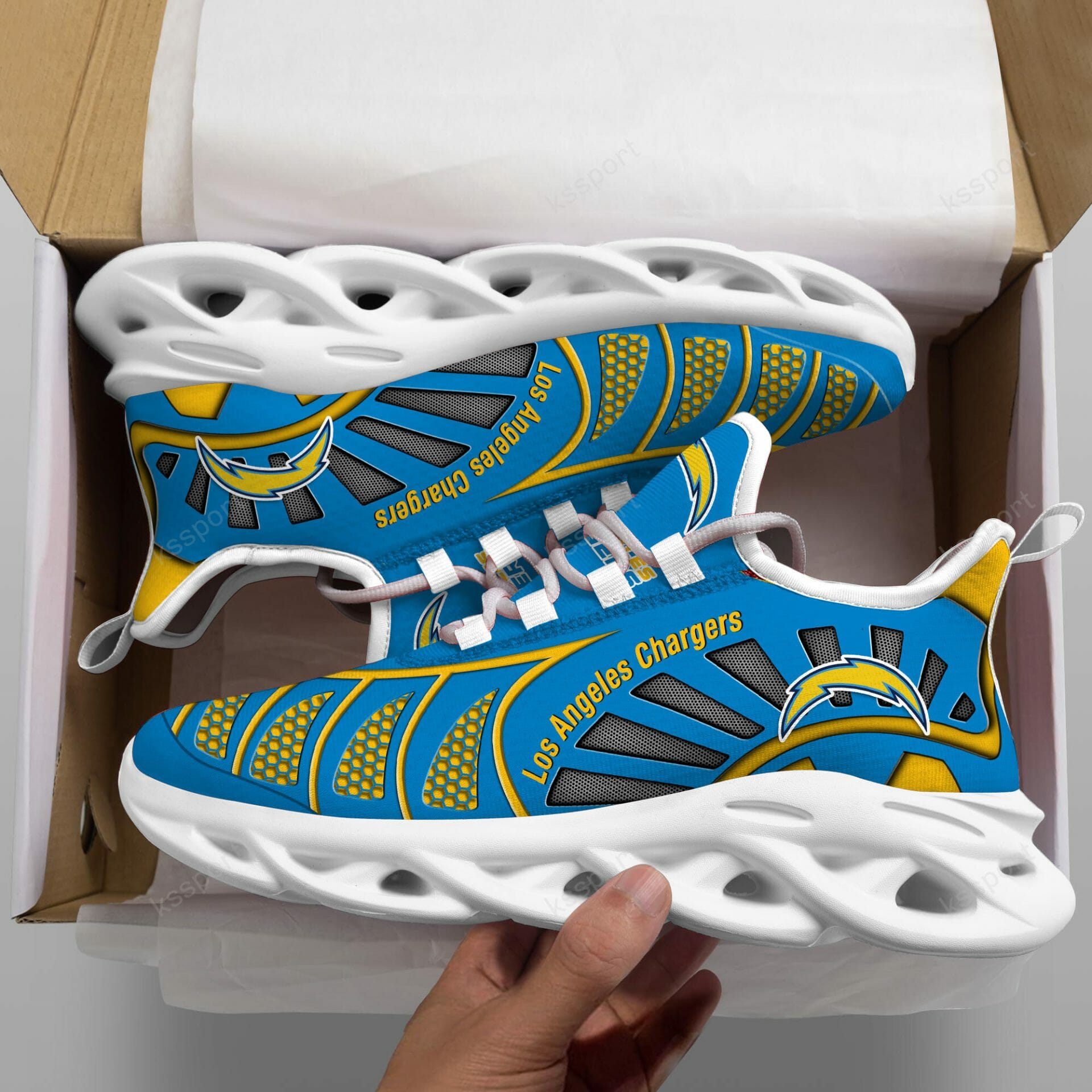 NFL Los Angeles Chargers Powder Blue Gold Max Soul Shoes V3 NFL Los Angeles Chargers Powder Blue Gold Max Soul Shoes V3