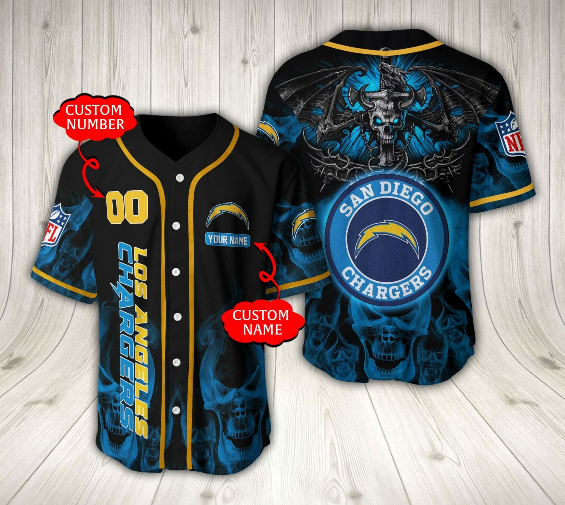 NFL Los Angeles Chargers Custom Name Number Black Blue Baseball Jersey NFL Los Angeles Chargers Custom Name Number Black Blue Baseball Jersey