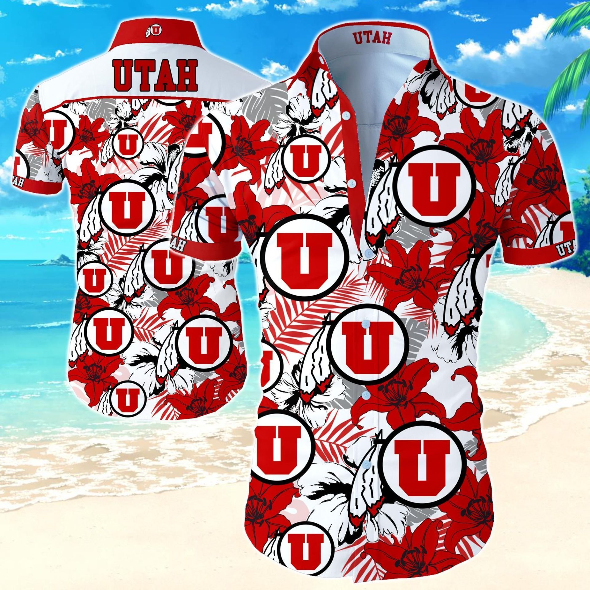 NCAA Utah Utes Red White Tropical Flowers Hawaiian Shirt NCAA Utah Utes Red White Tropical Flowers Hawaiian Shirt
