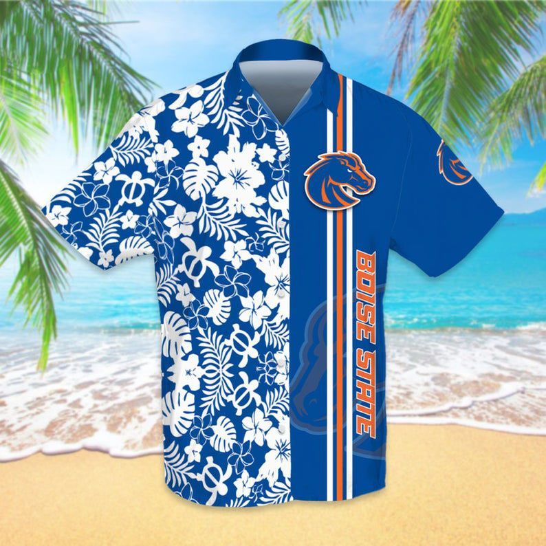 NCAA Boise State Broncos White Tropical Flower Blue Hawaiian Shirt