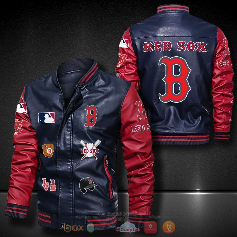 MLB Boston Red Sox Navy Blue Red Leather Bomber Jacket