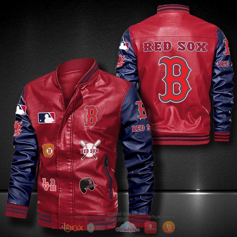 MLB Boston Red Sox Red Navy Blue Leather Bomber Jacket