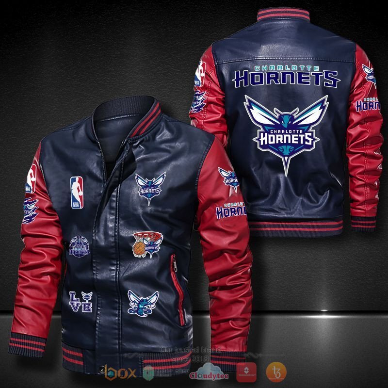 NBA Charlotte Hornets Navy Blue Red Logo Team Leather Bomber Jacket NBA Charlotte Hornets Navy Blue Red Logo Team Leather Bomber Jacket