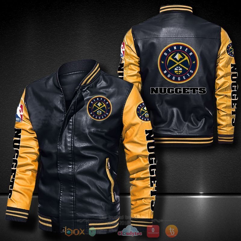 NBA Denver Nuggets Black Yellow Logo History Leather Bomber Jacket NBA Denver Nuggets Black Yellow Logo History Leather Bomber Jacket