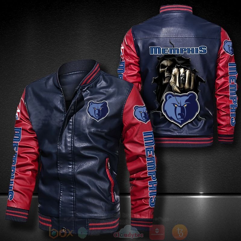 NBA Memphis Grizzlies Navy Blue Red Skull Leather Bomber Jacket NBA Memphis Grizzlies Navy Blue Red Skull Leather Bomber Jacket