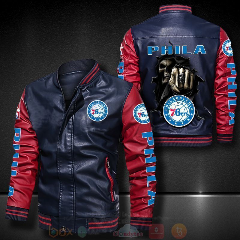 NBA Philadelphia 76ers Navy Blue Red Skull Leather Bomber Jacket