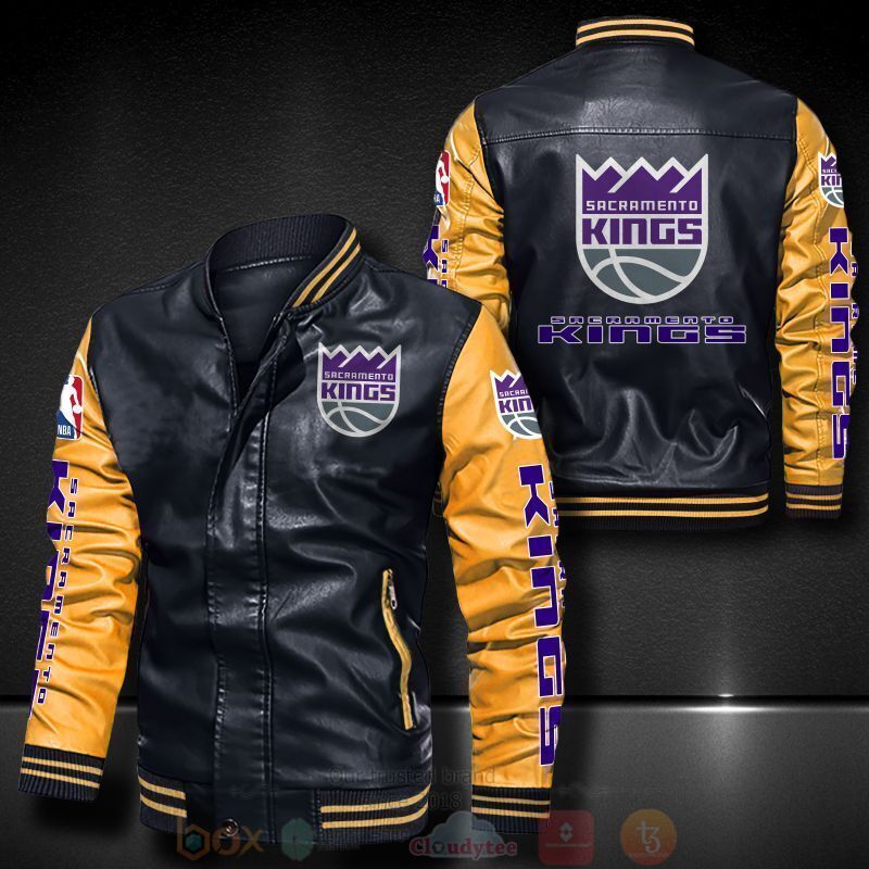 NBA Sacramento Kings Black Yellow Leather Bomber Jacket NBA Sacramento Kings Black Yellow Leather Bomber Jacket