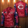 MLB Cincinnati Reds Red Navy Blue Leather Bomber Jacket