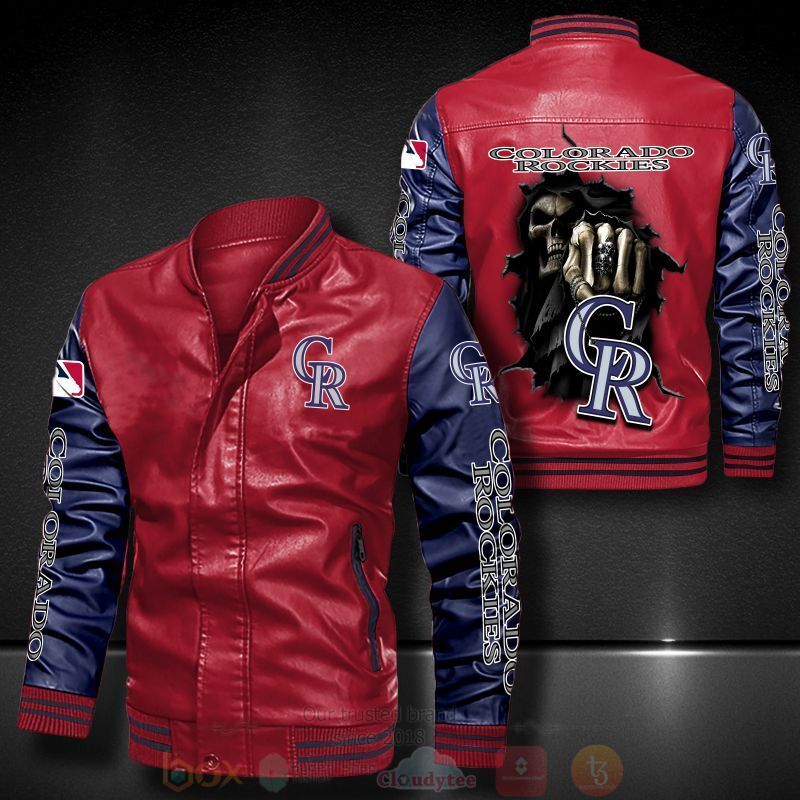 MLB Colorado Rockies Death Skulls Red Navy Blue Leather Bomber Jacket