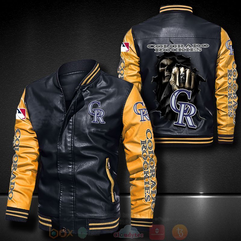 MLB Colorado Rockies Death Skulls Black Yellow Leather Bomber Jacket MLB Colorado Rockies Death Skulls Black Yellow Leather Bomber Jacket
