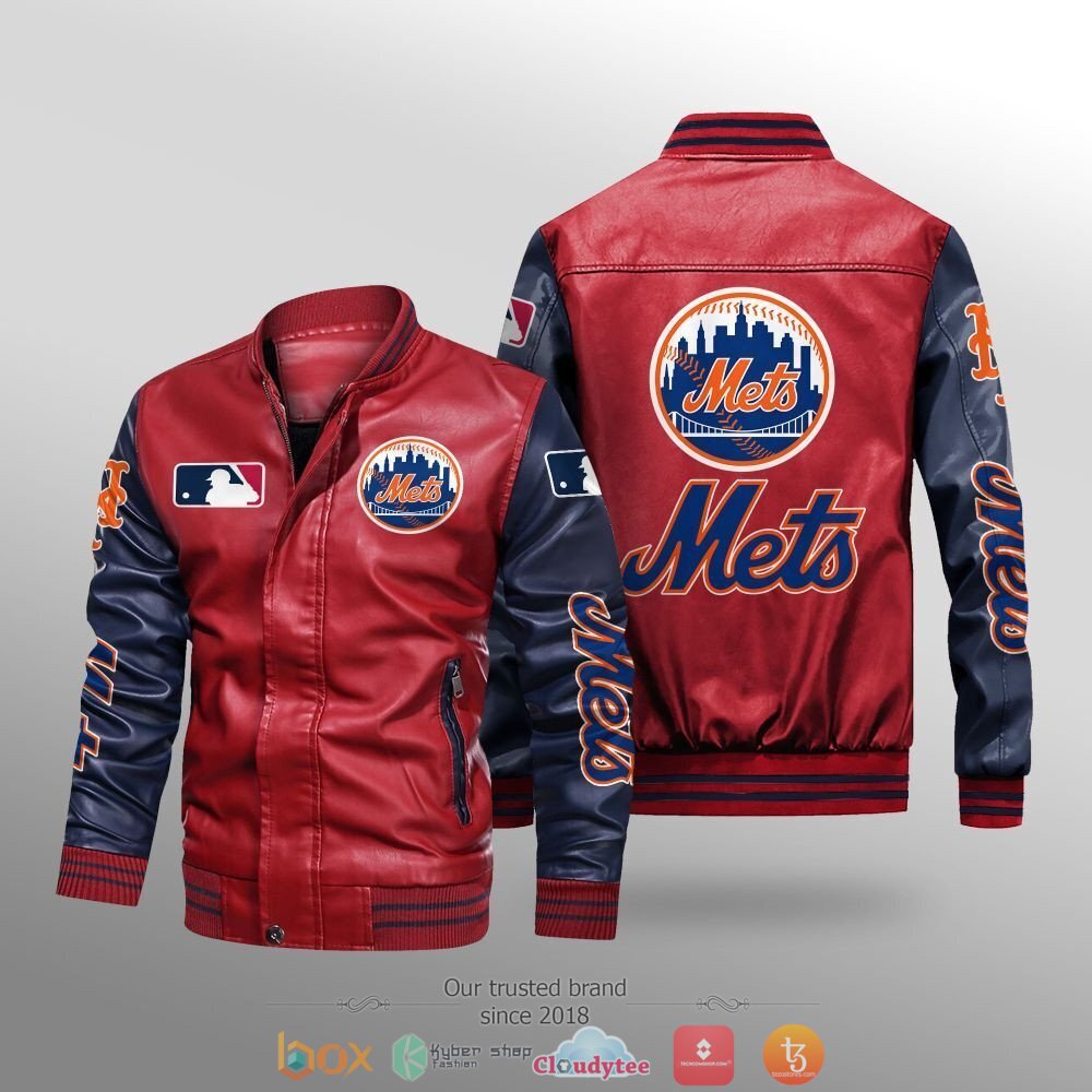 MLB New York Mets Red Navy Blue Leather Bomber Jacket MLB New York Mets Red Navy Blue Leather Bomber Jacket