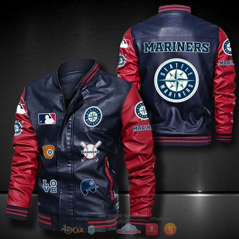 MLB Seattle Mariners Navy Blue Red Leather Bomber Jacket MLB Seattle Mariners Navy Blue Red Leather Bomber Jacket