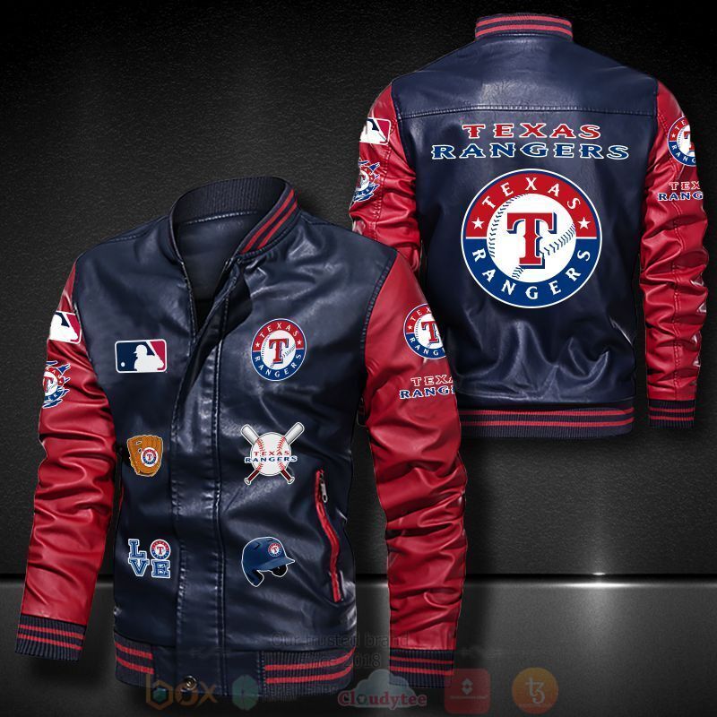 MLB Texas Rangers Navy Blue Red Leather Bomber Jacket
