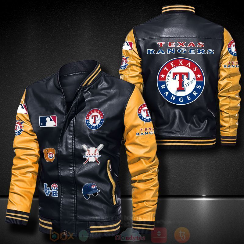 MLB Texas Rangers Black Yellow Leather Bomber Jacket MLB Texas Rangers Black Yellow Leather Bomber Jacket