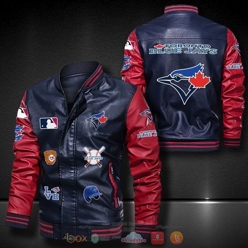 MLB Toronto Blue Jays Navy Blue Red Leather Bomber Jacket MLB Toronto Blue Jays Navy Blue Red Leather Bomber Jacket