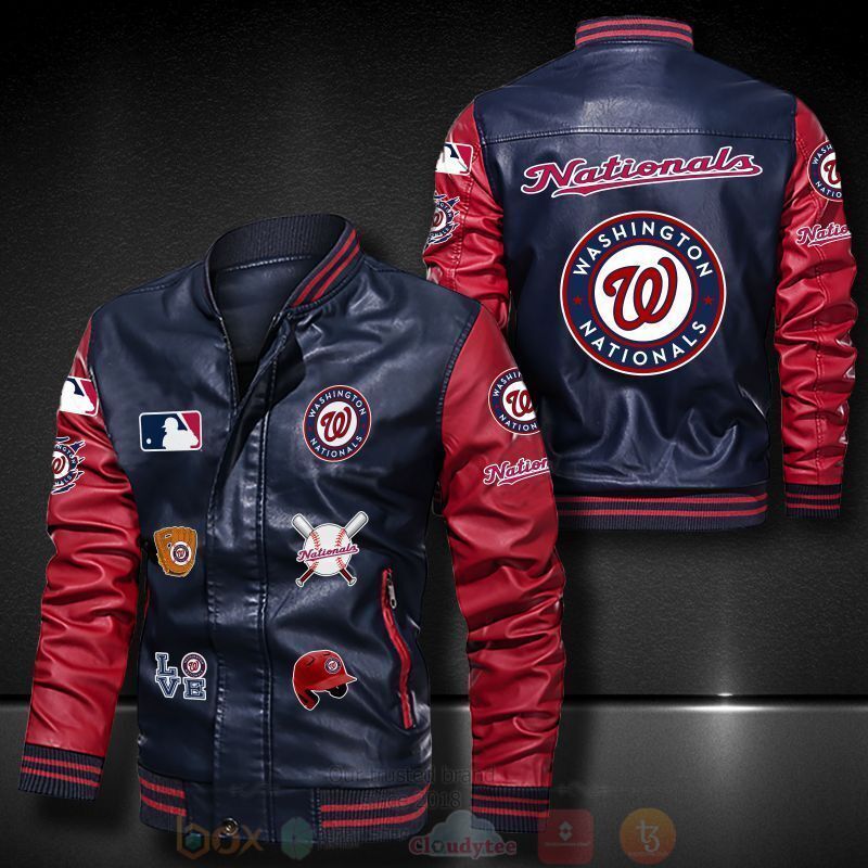 MLB Washington Nationals Navy Blue Red Leather Bomber Jacket MLB Washington Nationals Navy Blue Red Leather Bomber Jacket