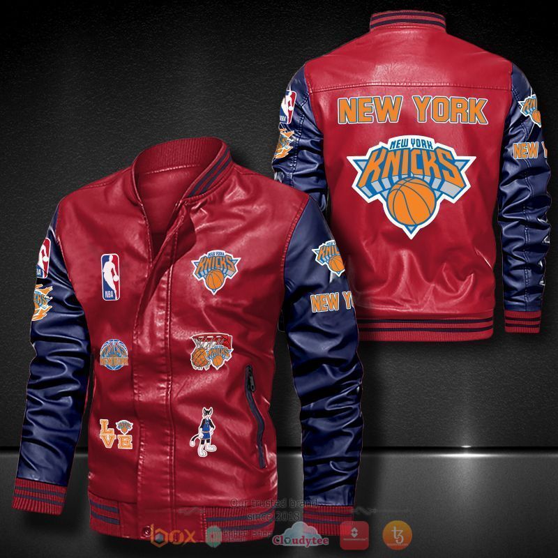 NBA New York Knicks Red Navy Blue Logo Team Leather Bomber Jacket NBA New York Knicks Red Navy Blue Logo Team Leather Bomber Jacket