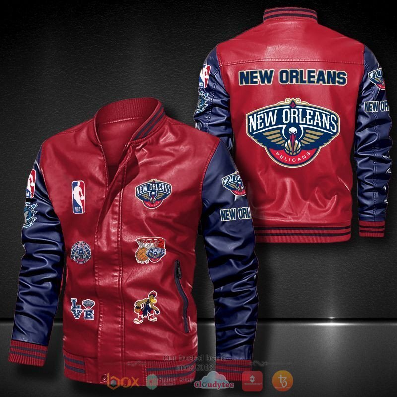 NBA New Orleans Pelicans Red Navy Logo Team Leather Bomber Jacket NBA New Orleans Pelicans Red Navy Logo Team Leather Bomber Jacket
