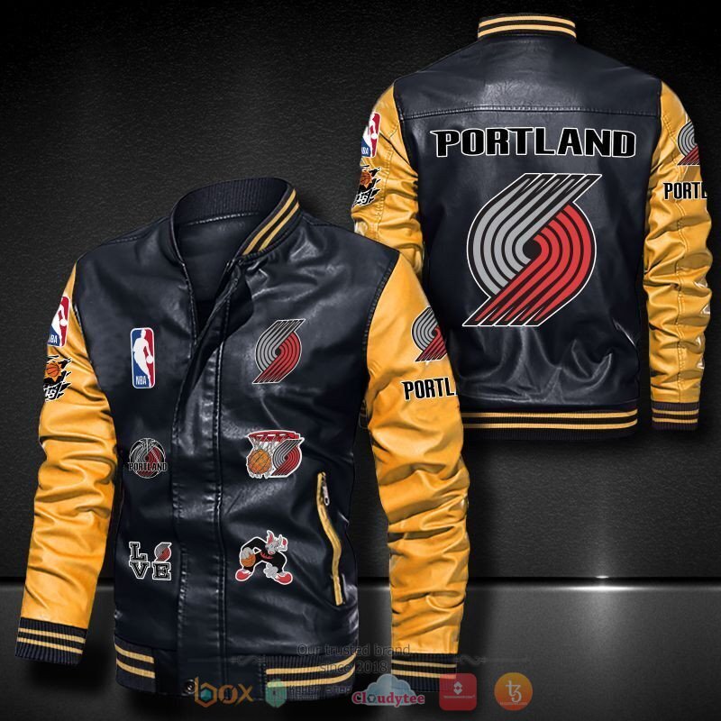 NBA Portland Trail Blazers Black Yellow Logo Team Leather Bomber Jacket