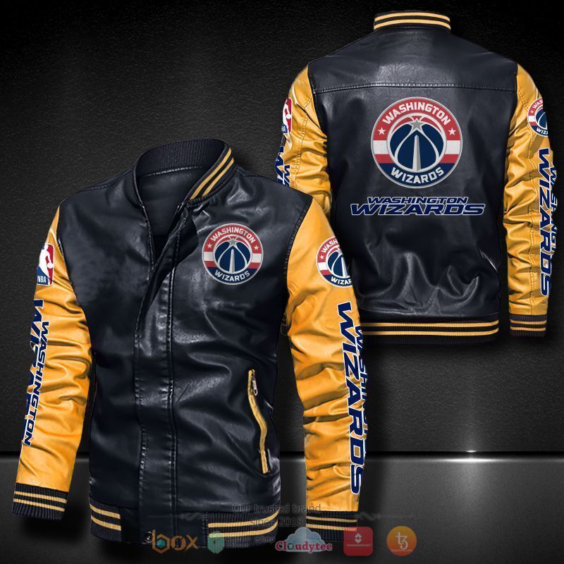 NBA Washington Wizards Navy Yellow Leather Bomber Jacket NBA Washington Wizards Navy Yellow Leather Bomber Jacket