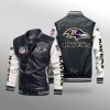NFL Baltimore Ravens Black White Leather Bomber Jacket