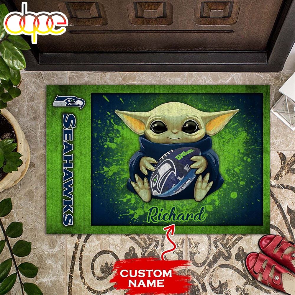 NFL Seattle Seahawks Custom Name Baby Yoda New Design Rubber Doormat NFL Seattle Seahawks Custom Name Baby Yoda New Design Rubber Doormat