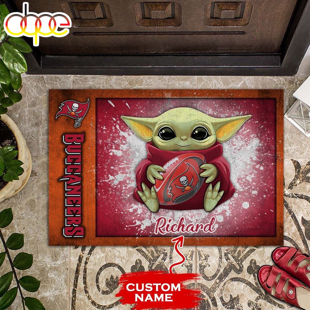 NFL Tampa Bay Buccaneers Custom Name Baby Yoda Rubber Doormat
